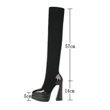 Knitted Suede Stretch Women Over The Knee Boots Platform Chunky High Heel Thigh Boots Pointed Tie Autumn Winter