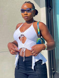Sexy Ruffles Cut Out White Tank Tops Women Y2K Fashion Bandage Hollow Out Halter Tops Solid Shirring Crop Vest Tee