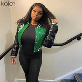 Fashion Casual Streetwear Women Long Sleeve Single Breasted PU Leather Patchwork Coat Sportswear Slim Female
