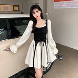 Cool Girl Dresses Women 2022 Patchwork Street Wear Dresses Square Collar Long Sleeve Lace Up Fake Two Piece Set