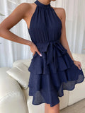 Summer Dresses for Women 2022 Ruffled Chiffon Sleeveless Casual Dress Matching Belt Party
