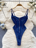 American Vintage Denim Bodysuits Spaghetti Strap Skinny Women Playsuits Fashion Streetwear Slim Sexy Zipper