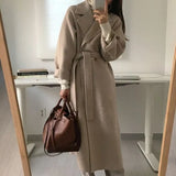 Winter New Women's Casual Woolen Blend Trench Coat Oversize Long Coat With Belt Women Wool Coat Cashmere