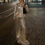 Women Lapel Long Sleeve Pullover And Wide Leg Pants Suits Autumn New 2022 Party Two Piece Set Fashion Female Shinny Sequin