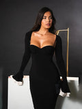 Solid Long Flared Two-piece Crop Sleeve Midi Dress- Outfit
