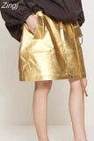 Summer Autumn Gold Shiny Faux Leather Skirt Women with Sashes A Line Korean Style Clothes Streetwear 2023 Runway