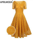 Summer Women Party Dress Vintage Solid Red Yellow Blue V Neck Sleeveless Lace Sundress Elegant Ladies Pleated Formal