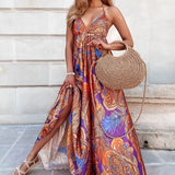 Vocation Backless Loose Beach Dress Women Low Cut Waisted Long Dress 2022 Summer Vintage Printed Boho Lace-up Maxi