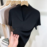 Blouses and Shirts Summer Clothes for Women V Neck Green Blue Gray Slim Skinny Shirts Short-sleeved Top Women's