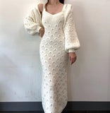 Knitted Single-breasted Lantern Sleeve Cardigan Sweater Coat V Neck Sleeveless Spaghetti Strap Sweater Dress 2 Piece