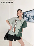 Cartoon Cat Green Patchwork Peter Pan Collar Blouse Women Short Sleeve Summer Top Button Up Shirt 2022 Korean