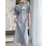 New Women Short Sleeve Office Lady Elegant Vestidos Femme Clothes Midi Slim Solid Lace Up