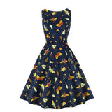 Vintage Women Sleeveless Swing Dresses Summer Casual Elegant Office Flower Print Female Fashion Retro Pleated
