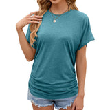 Zingj / Summer 2024 New Round Collar Pleated Solid Color Short-Sleeved Loose T-Shirt Top-Outfit