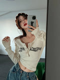 Retro Graffiti Print Elastic T Shirt Women Sexy Slim Crop Top Ribbed Long Sleeve O-neck Tops Grunge Tee Tops