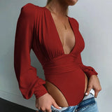 Bodysuit Sexy Black Deep V Neck Puff Sleeve Bodycon Jumpsuit Elastic Casual Party Winter Bodysuits Body Tops
