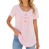 Zingj 2024 New Circle Draw Pleated Button Short Sleeve Swallow-Tailed T-Shirt Top-Outfit
