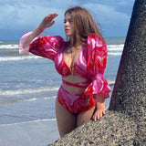 New Sexy High Waist Bikini Set Belt Bottom Swimwear Women Long Sleeve Bather Suit Beachwear Printed Biquini