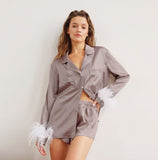 Blue long-sleeved shirt top + shorts two-piece suit casual pajamas women's home service fashion women's feather