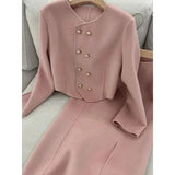 Zingj Women Skirt Suits Office Lady Tweed Set O Neck Button Cropped Jackets Bodycon Long Skirt Elegant Female 2 Pieces Sets Women 211-0-Outfit