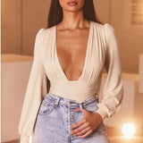 Black Deep V Neck Bodysuit Women Sexy Puff Sleeve Bodycon Jumpsuit Solid Elastic Casual Party Summer Bodysuits Body