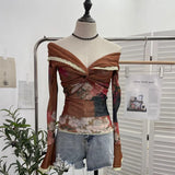 Vintage Oil Painting Print Collar A Word Twisted Folded Short-Sleeved Trumpet Blouse