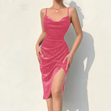 Sexy Evening Party Dresses For Women 2022 Summer Elegant Strap V-neck Velvet Shining Mini Dress Split Ruched Dress