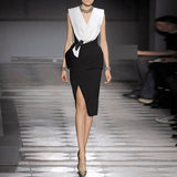Style 2022 New Summer Women Runway Dress V Neck Sleeveless Fashion Patchwork Clothes Sexy Split Zipper Pencil