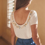 Embroidered Chic T-Shirt Women Linen White Backless Sexy Elegant Tee Tops 2021 Summer Femme Office Lady Fashion
