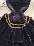 Ruffles Senior Slim Party Dress Strapless Off Shoulder Sleeveless Golden Chain Women Vintage Velvet Short Sexy
