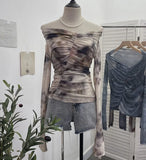 Real Shot Shoulder Tie-Dye Printing Mesh Hooded Design Long-Sleeved Irregular Folding Repair T-Shirt