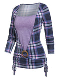 Print Cinched O-ring Faux Twinset T-shirt Women Long Sleeve Combo Tee Casual