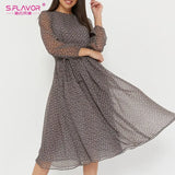 Elegant Dot Print Long Sleeve Polka Dress O Neck Chiffon A Line Women Casual Dress Vintage Midi Vestidos
