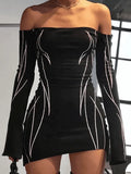 Off Shoulder Black Long Sleeve Mini Dress- Outfit