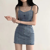 Zingj Chic Summer Retro Bright Line Design Sense Small Minority Slim Show Thin Bag Hip Jeans Sling Dress