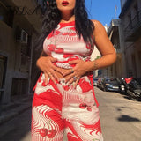 Print O Neck Sleeveless Tank Tops Women Red Bandage 2021 Summer Casual Fashion Vintage Sexy Crop Top