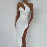 Elegant Inclined Shoulder High Split Midi Dress For Women Gown Summer Backless Sleeveless Bodycon Long Dress