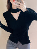 Knitting Top Hollow Out Casual Sexy Long Sleeve Skinny Autumn 2022 Streetwear Korean Chic White Fashion New Year