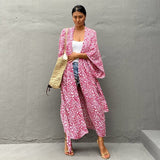 Casual Printed Long Sleeve Self Belted Kimono Dress Women Casual Elastic Waist Long Loose Slit Beach Dresses
