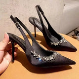 Leisure Water Drill Sandals Women's Net Red Explosion Small Fragrant High Heels French Fine Heel Pointed Nude Women