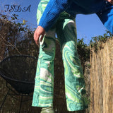 2021 Tie Dye Print Pants Women Green Wide Leg Summer Spring Casual Vintage High Waist Zipper Fashion Trousers
