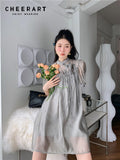 Vintage Grey Puff Sleeve See Through Mini Dress For Women 2022 Summer Short Sleeve Ruched Mandarin Collar Dress