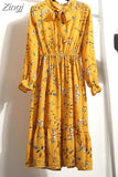 Floral Print Women Dress Female Autumn Long Sleeve Vintage Chiffon Bow Tie Neck Office Lady Shirt Dress Summer