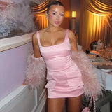 Satin Square Neck Mock Pocket Mini Dress- Outfit