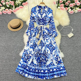 Zingj Luxury Retro French Round Collar Lantern Long Sleeve Print Dress Women's Belt With Loose Waist Show Thin Pleated