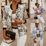 Flower Print Long Sleeve Women's Bomber Jacket Fashion Zipper Up Vintage Coat Tops Elegant Slim Basic Ladies