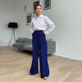 Women's Office Pants Spring Fashion Casual Loose Floor Length Ladies Blue Trousers High Waist Wide Leg Pants for