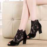 Zingj Plus Size Ebay Mesh High Heels Thick Heel Lace Fish Mouth Female Sandals- Outfit