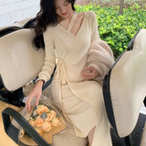 Women Knitted Belt Wrap Dress Elegant Midi Sexy V-Neck Dress Knitwear Ladies
