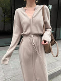 Vintage Women Knitted Dress Autumn Winter Brief V-neck Warm Drawstring Lace-up Loose Midi Female Sweater